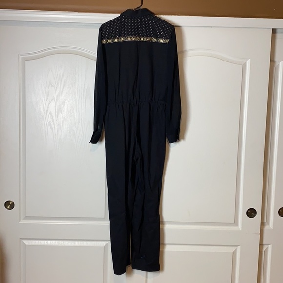 80s VINTAGE BLACK & GOLD JUMPSUIT LONG SLEEVE ONESIE ONE PIECE - Picture 4 of 5